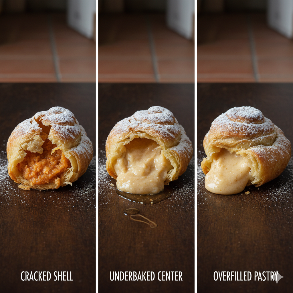 Common Sfogliatella Riccia Mistakes Side-By-Side, Cracked Shell, Underbaked Center, Overfilled Pastry